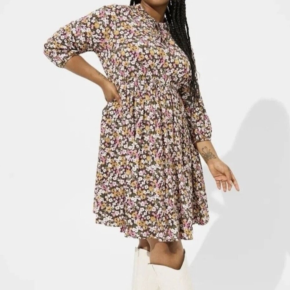 Torrid Floral Babydoll Dress‎ Boho Cottagecore Long Sleeve Pink Purple 2X